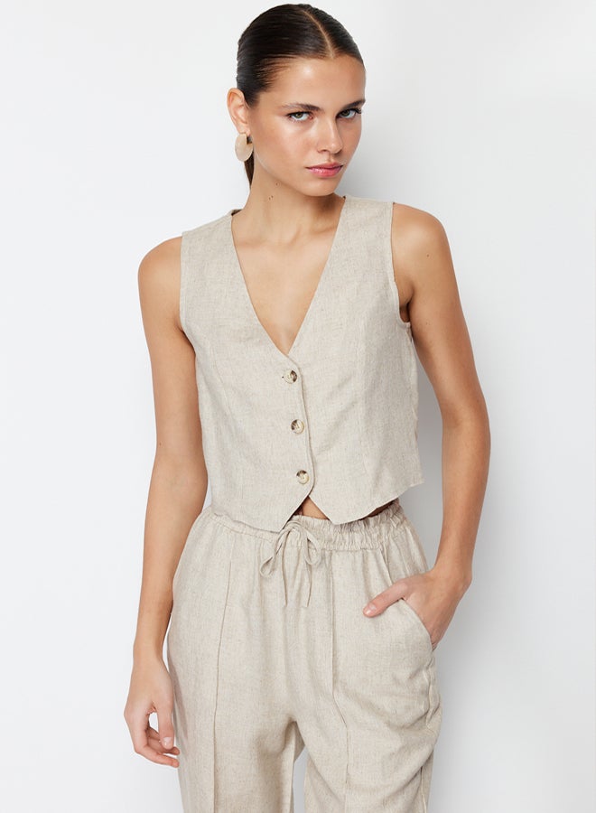 trendyol Beige Regular Cotton Crop Linen Woven Vest TWOSS24YE00024 - Image 1