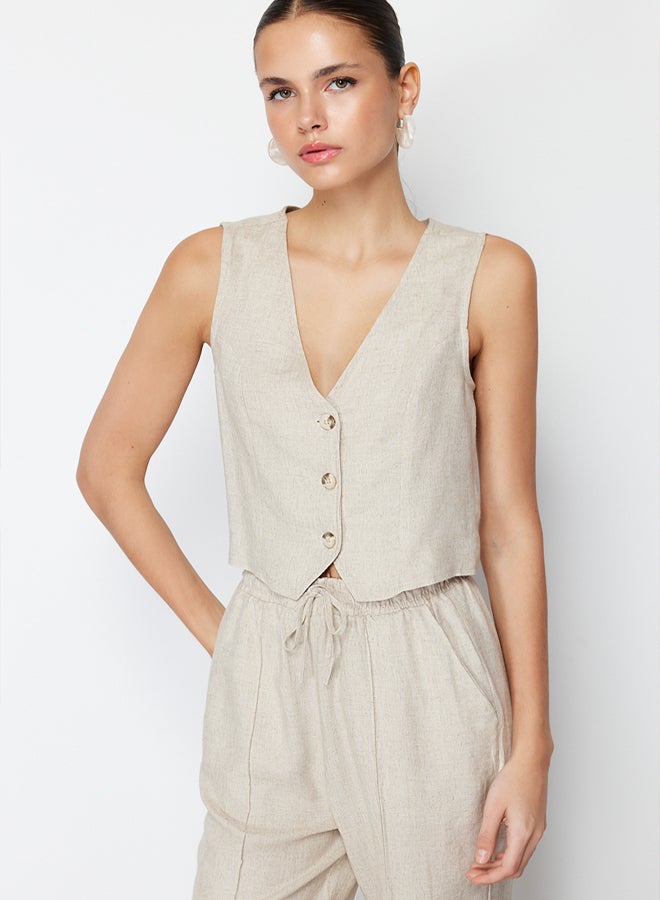 trendyol Beige Regular Cotton Crop Linen Woven Vest TWOSS24YE00024 - Image 2