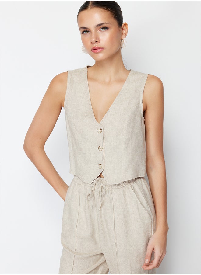 trendyol Beige Regular Cotton Crop Linen Woven Vest TWOSS24YE00024  - Image 2