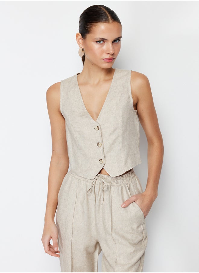 trendyol Beige Regular Cotton Crop Linen Woven Vest TWOSS24YE00024  - Image 1