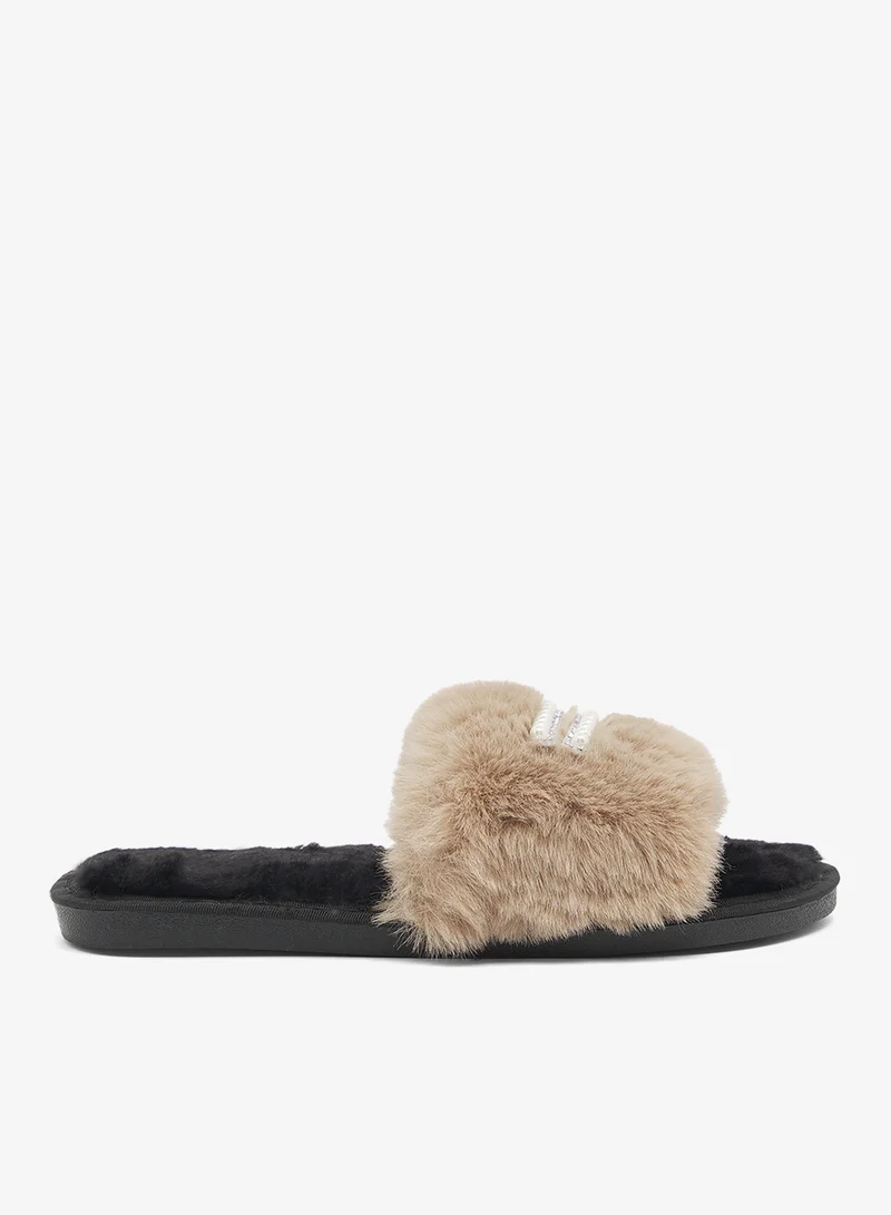 Pearl Detail Fur Bedroom Slippers