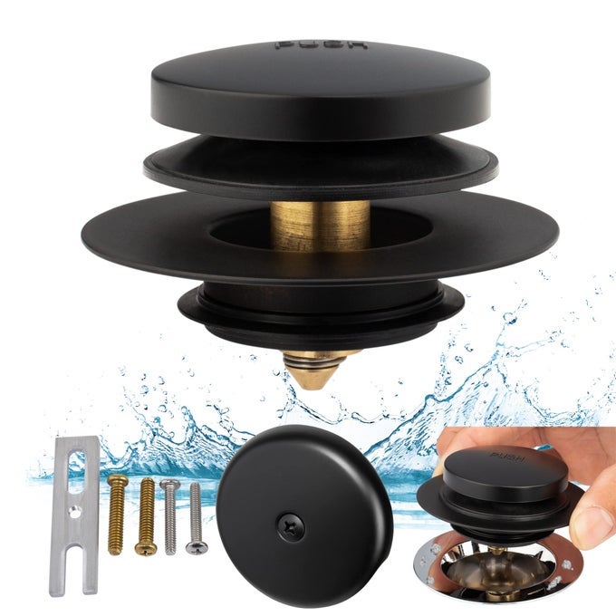BLACK UNIVERSAL TUB DRAIN TIP TOE TUB CONVERSION KIT ASSEMBLY EZ INSTALLATION BATHTUB DRAIN REPLACEMENT TRIM KIT WITH 1HOLE OVERFLOW FACE PLATE AND POPUP TUB STOPPERMATTE BLACK