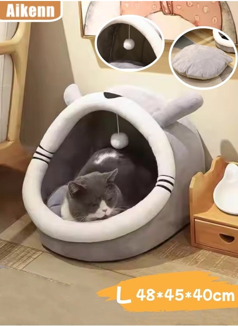 Cat Beds for Indoor Cats Semi-Enclosed Cat Cave Bed with a Plush Ball Large Space to Sleep Soft and Comfortable Covered Cat Bed with a Washable and Detachable Mat L 48*45*40cm