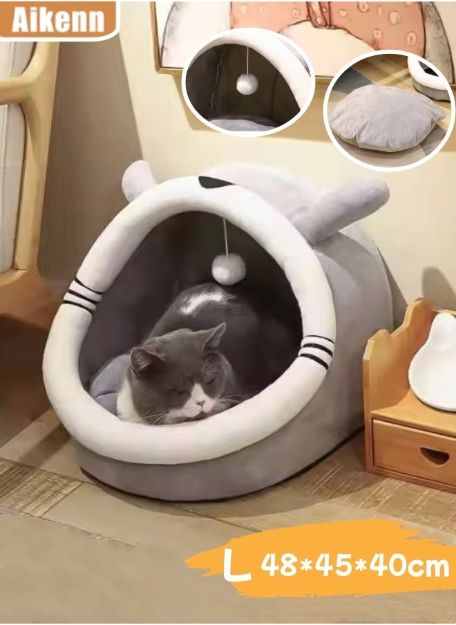 Aikenn - Cat Beds for Indoor Cats Semi-Enclosed Cat Cave Bed with a Plush Ball Large Space to Sleep Soft and Comfortable Covered Cat Bed with a Washable and Detachable Mat L 48*45*40cm - Image 1