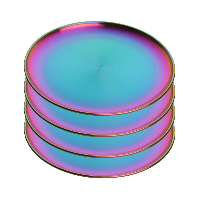 BISDARUN 4Piece Stainless Steel Dinner Plates Dessert Salad Plates Set Indian Mingcheng 91 Inch Colorful Metal Platter for Camping Unbreakable and Reusable Dishwasher Safe Rainbow