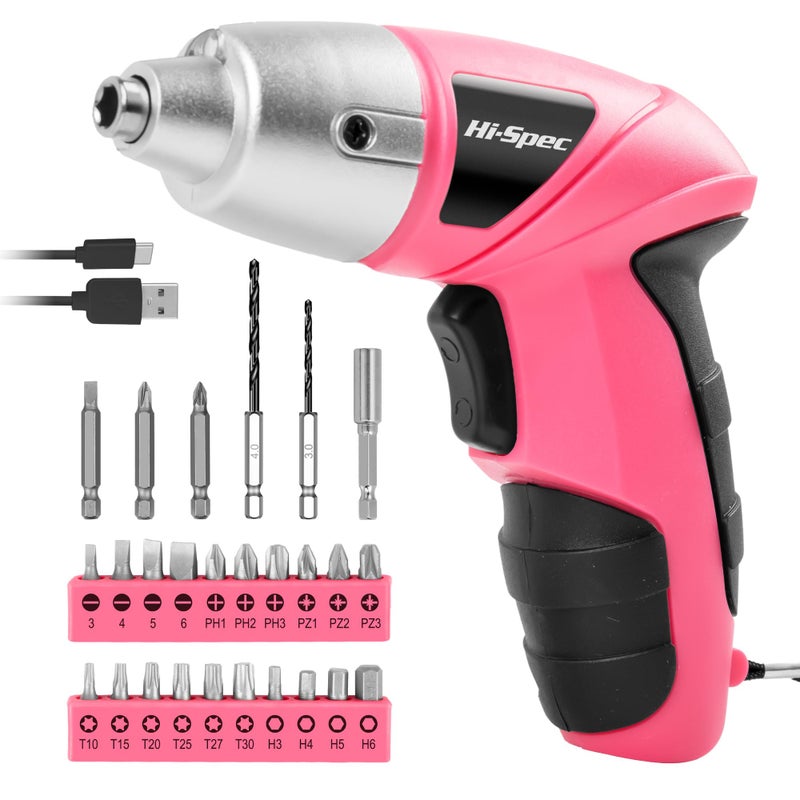Hi-Spec HiSpec Electric Screwdriver 27pc 36V Pink USB Small Power Screwdriver Set Cordless Rechargeable with Driver Bit Set