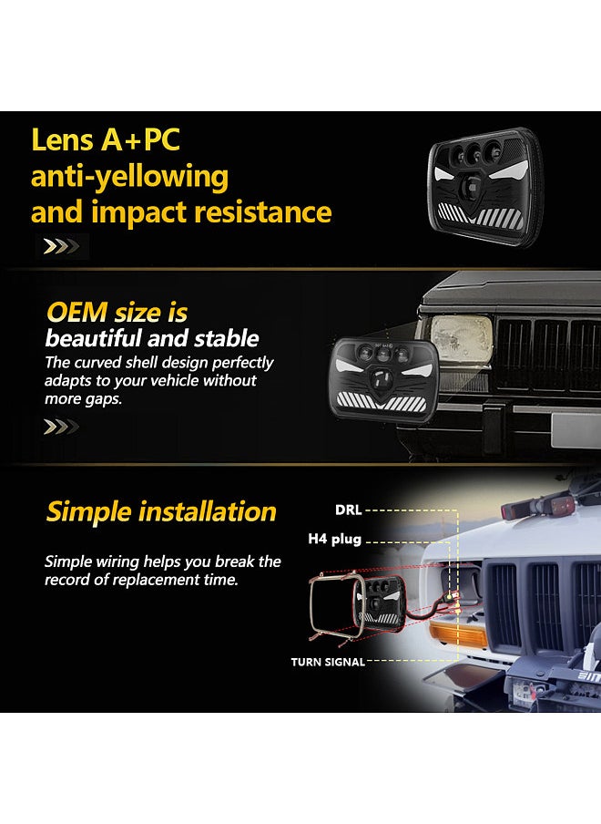 2Pcs 7x6 5x7 LED Headlights 7inch Square LED Headlamp with Daytime Running Lights Turn Signal Light High /Low Beam 4 Luminous Modes H4 Plug