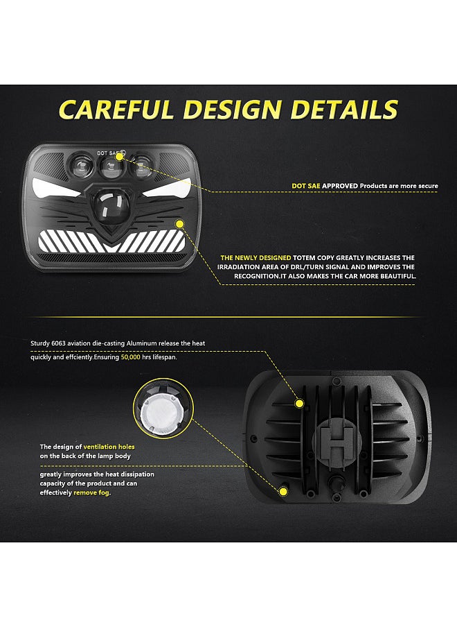 2Pcs 7x6 5x7 LED Headlights 7inch Square LED Headlamp with Daytime Running Lights Turn Signal Light High /Low Beam 4 Luminous Modes H4 Plug