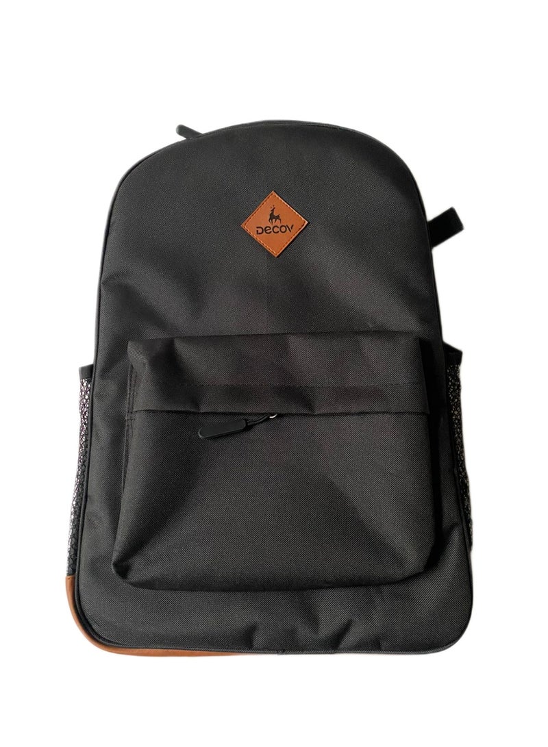 Decov Classic Backpack, Black with Snake Pattern Accents, Brown Leather Logo Patch