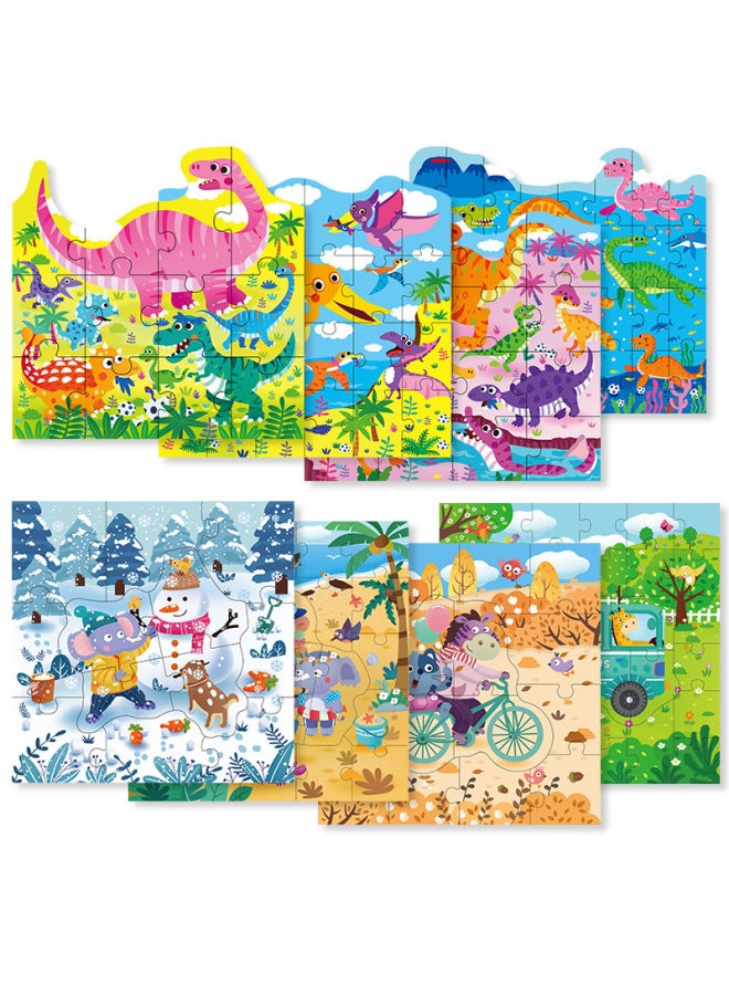 Enlightenment Children's Wooden Four-in-One Puzzle Children's Educational Children's Big Dinosaur Traffic Four Seasons Puzzle Toy-Color:Dinosaur Paradise - Image 5