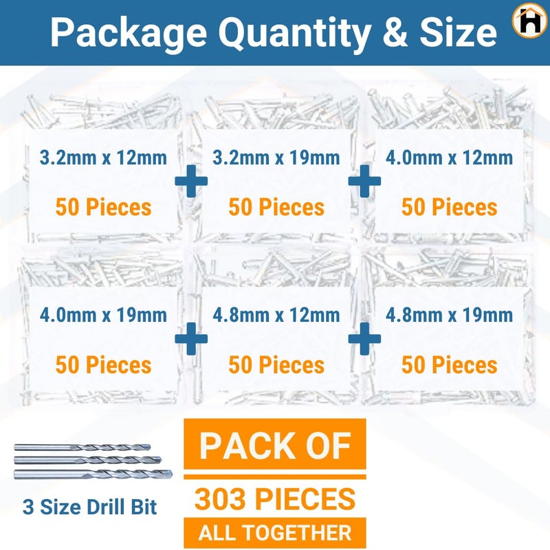 Homdum مسامير ربط ألومنيوم - مسامير معدنية POP لآلة الربط / ماكينة الربط مجموعة متنوعة من 6 أحجام عبوة من 300 قطعة. - Image 3