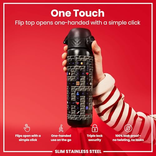 ION8 Steel Water Bottle, 600 ml/20 oz, Leak Proof, Easy to Open, Secure Lock, Dishwasher Safe, Flip Cover, Fits Cup Holders, Carry Handle, Durable, Scratch Resistant, Raised Print, Gaming Design - Image 3
