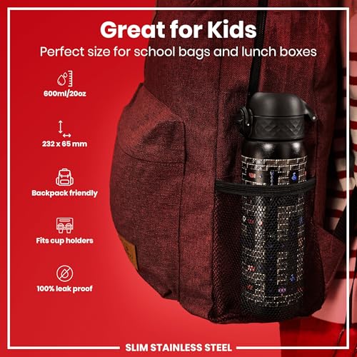 ION8 Steel Water Bottle, 600 ml/20 oz, Leak Proof, Easy to Open, Secure Lock, Dishwasher Safe, Flip Cover, Fits Cup Holders, Carry Handle, Durable, Scratch Resistant, Raised Print, Gaming Design - Image 2