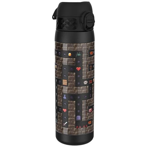 ION8 Steel Water Bottle, 600 ml/20 oz, Leak Proof, Easy to Open, Secure Lock, Dishwasher Safe, Flip Cover, Fits Cup Holders, Carry Handle, Durable, Scratch Resistant, Raised Print, Gaming Design - Image 1
