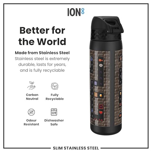 ION8 Steel Water Bottle, 600 ml/20 oz, Leak Proof, Easy to Open, Secure Lock, Dishwasher Safe, Flip Cover, Fits Cup Holders, Carry Handle, Durable, Scratch Resistant, Raised Print, Gaming Design - Image 5