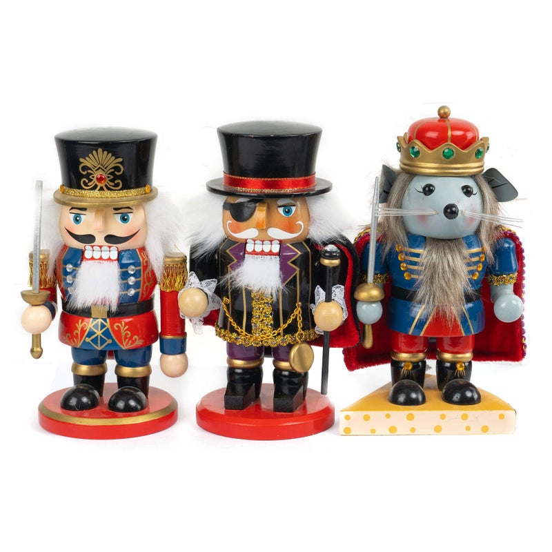 FUNPENY FUNPENY 3 Set Christmas Nutcrackers Figures 7 Inch Handmade Wooden Mouse King Soldier and Pirate Traditional Nutcracker Decorations for Fall Festive Christmas Desktop Collectible Decor