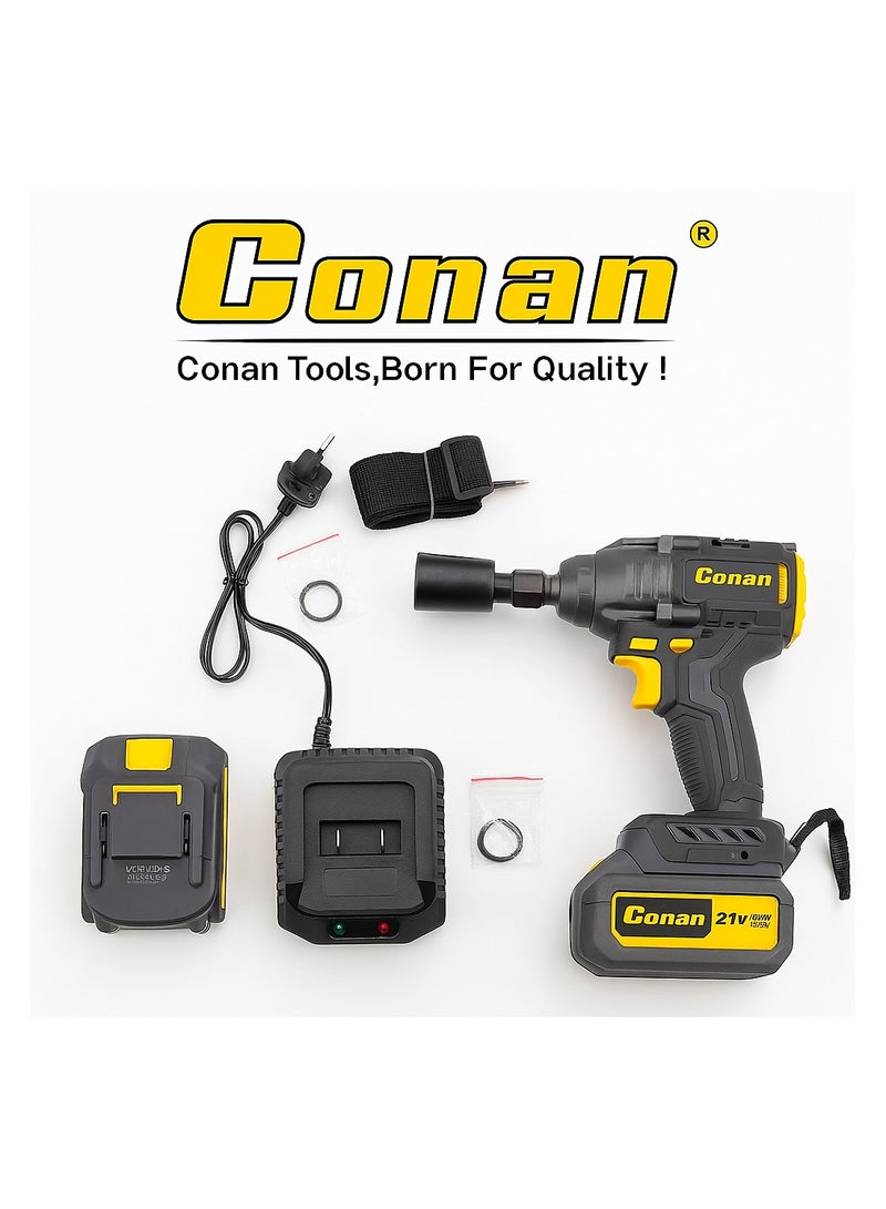 Conan 21V Brushless 1/2" Impact Wrench Kit – 2× 21V 3.0Ah Li-ion Batteries + Fast Charger + Hard Carry Case, 1/2" Anvil with Pin/Ring, Professional Cordless Set for Automotive Wheel Nuts, Workshop & DIY (Model COLW0821B) - Image 1