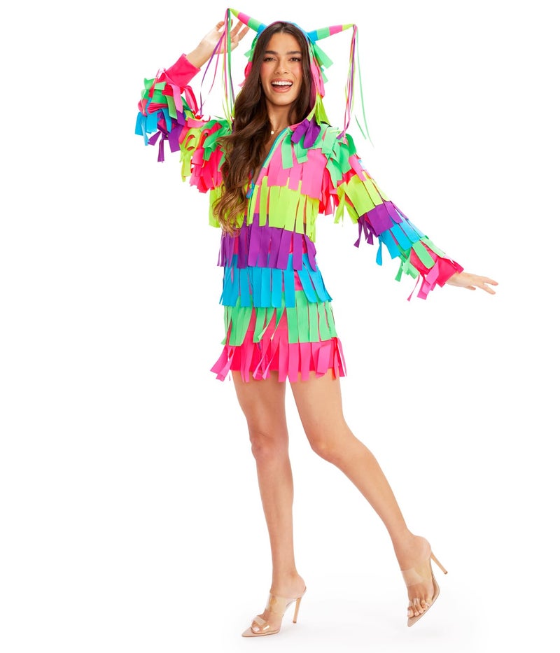 Tipsy Elves Halloween Costumes for Women Adult Hooded Long Sleeve Front Zipper Dress Womens Fun Costume Party Outfit - Fun and Cute Colorful Dress - Multicolored Pinata Costume Dress Size Medium - Image 1