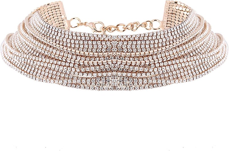 cheekyglo Multi Layered Chain Rhinestone Choker Necklace Glitter Statement Necklaces with Extension Chain for Women,Gold - Image 1