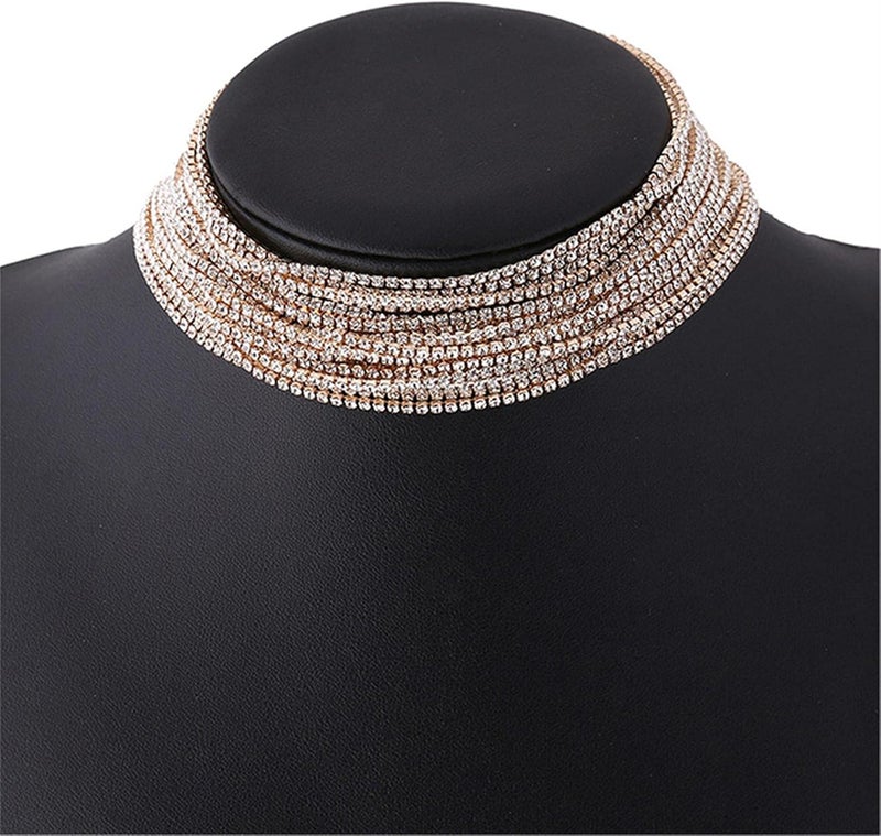 cheekyglo Multi Layered Chain Rhinestone Choker Necklace Glitter Statement Necklaces with Extension Chain for Women,Gold - Image 2