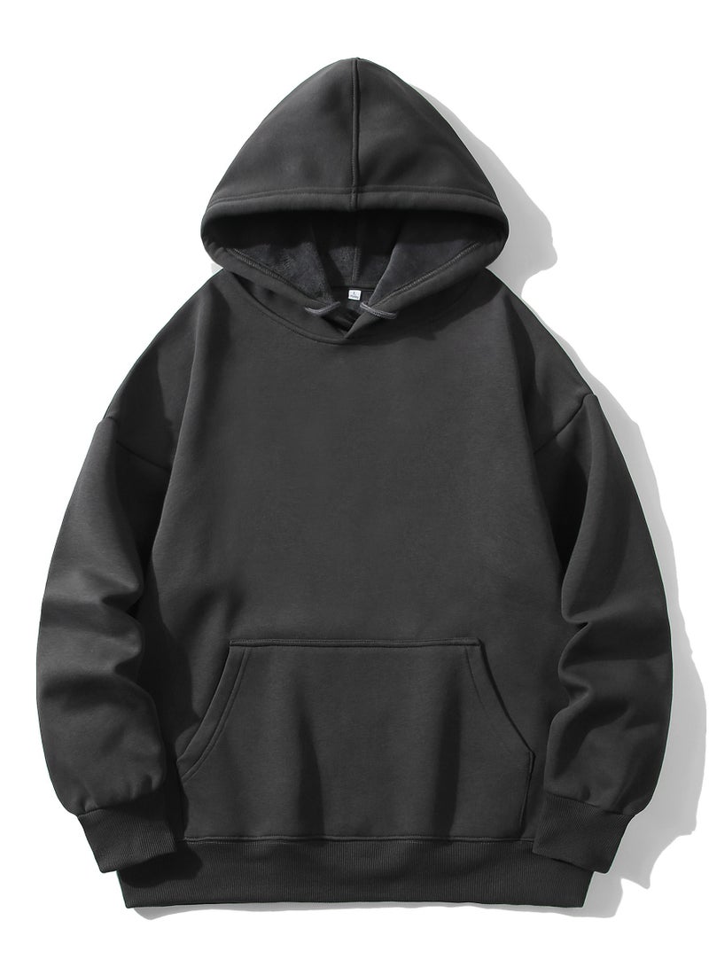 Loquat New Fleece Loose Off Shoulder Hoodie For Men With Thick Solid Color Black - Image 1