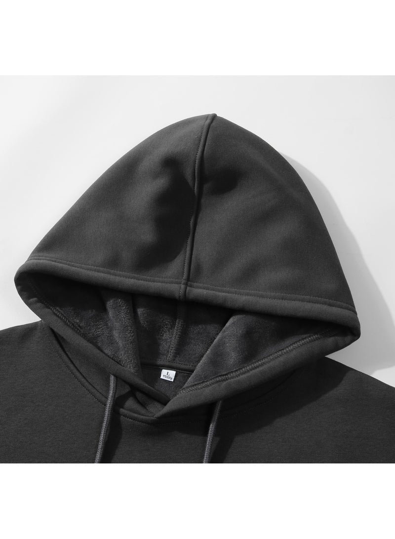 Loquat New Fleece Loose Off Shoulder Hoodie For Men With Thick Solid Color Black - Image 3
