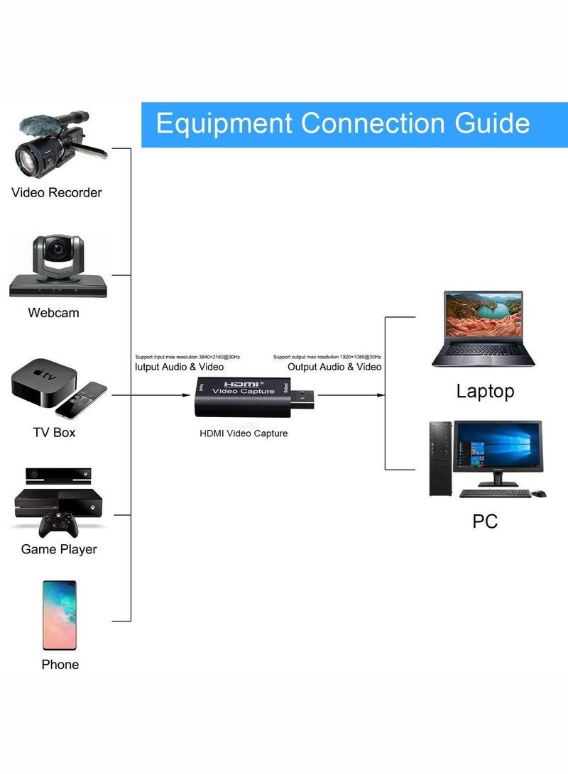 كيلا بطاقة التقاط فيديو HDMI بدقة 4K، جهاز التقاط تسجيل HDMI إلى USB 3.0، محول جهاز التقاط تسجيل 1080 بكسل 60 إطارًا في الثانية، بطاقة التقاط فيديو HDMI عالية الدقة، بطاقة التقاط HDMI إلى USB، تسجيل فيديو مباشر للألعاب بدقة 1080 بكسل، OBS - Image 5
