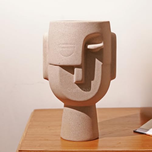 CRAFTRIBAL Abstract Human Face Big Ceramic Vase Combo – Aesthetic Vase for Pampas Grass & Dried Flowers | Minimalist Home & Office Decor | Matte (Rough) Finish, 10 Inches (Beige) - Image 1