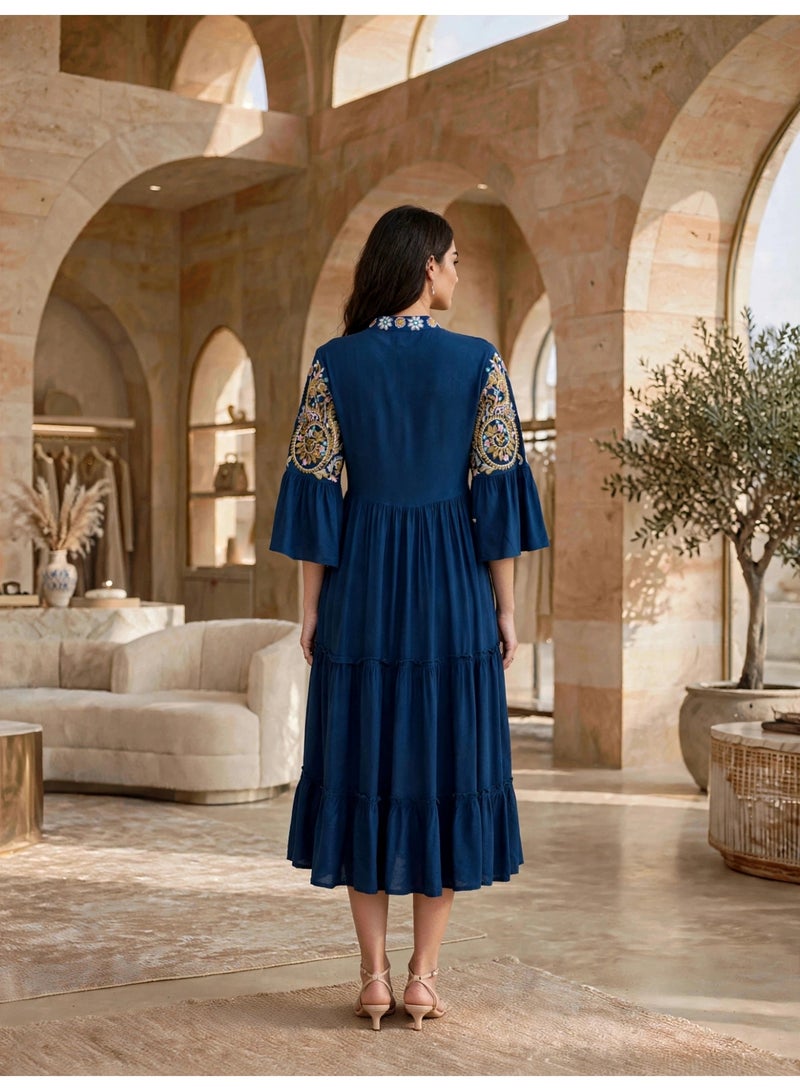 IKKXA Tiered Boho Embroidered Midi Dress Jalabiya IK1915Blue - Image 5
