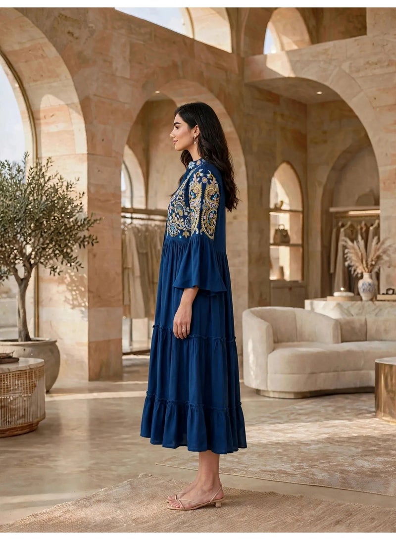 IKKXA Tiered Boho Embroidered Midi Dress Jalabiya IK1915Blue - Image 4