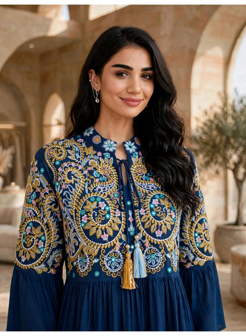IKKXA Tiered Boho Embroidered Midi Dress Jalabiya IK1915Blue - Image 2