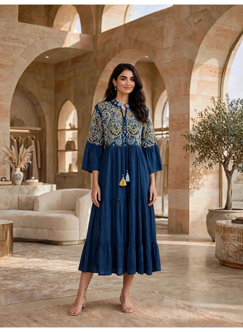 IKKXA Tiered Boho Embroidered Midi Dress Jalabiya IK1915Blue - Image 1