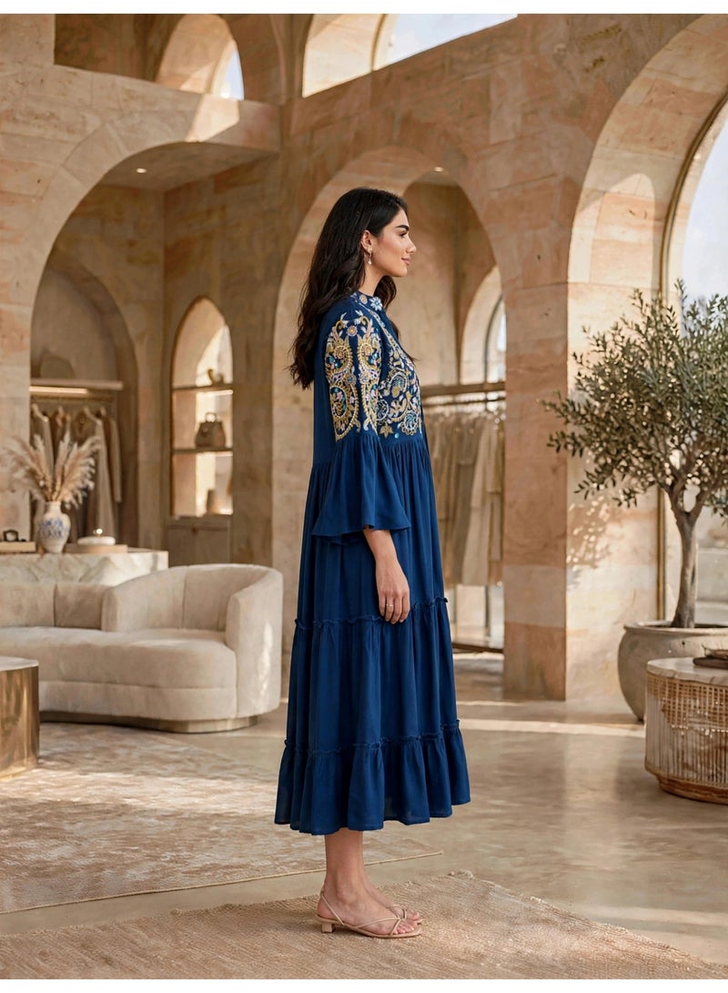 IKKXA Tiered Boho Embroidered Midi Dress Jalabiya IK1915Blue - Image 3