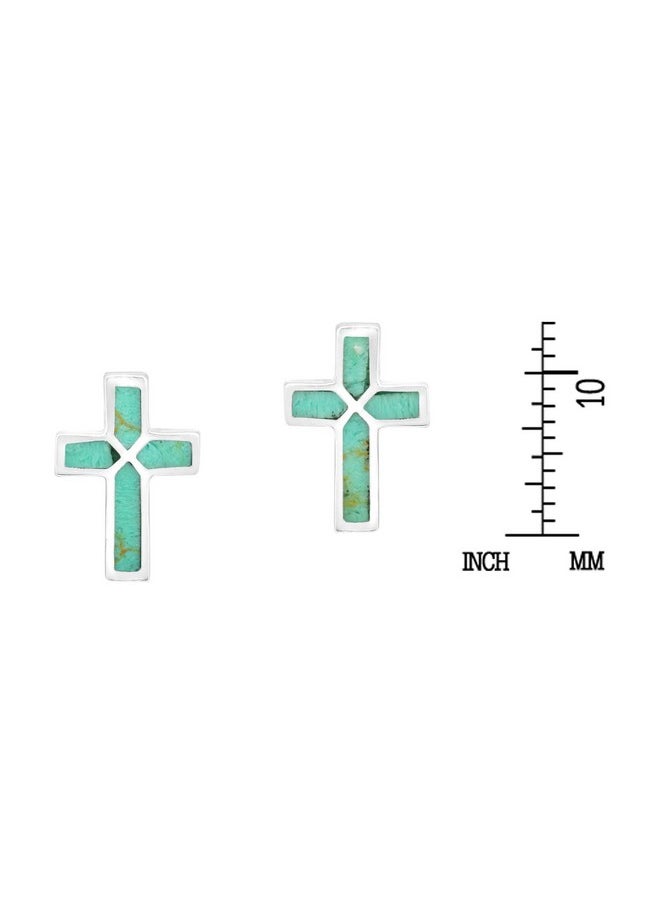 AeraVida Simple Cross Inlaid Simulated Green Turquoise .925 Sterling Silver Post Earrings | Bohemian Jewelry | Southwest Style | Religious Accessories | Everyday Wear  - Image 4