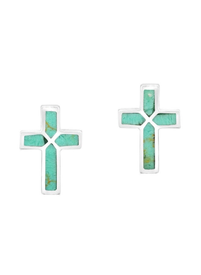 AeraVida Simple Cross Inlaid Simulated Green Turquoise .925 Sterling Silver Post Earrings | Bohemian Jewelry | Southwest Style | Religious Accessories | Everyday Wear  - Image 1
