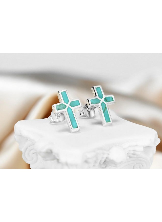 AeraVida Simple Cross Inlaid Simulated Green Turquoise .925 Sterling Silver Post Earrings | Bohemian Jewelry | Southwest Style | Religious Accessories | Everyday Wear  - Image 3