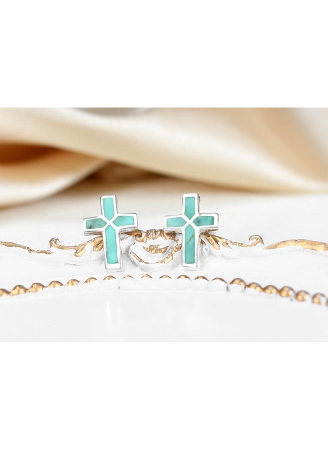 AeraVida Simple Cross Inlaid Simulated Green Turquoise .925 Sterling Silver Post Earrings | Bohemian Jewelry | Southwest Style | Religious Accessories | Everyday Wear  - Image 2