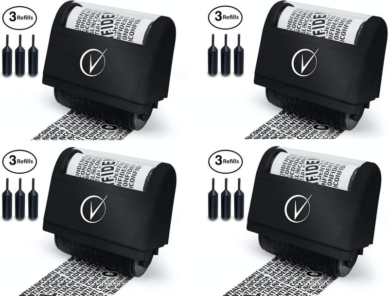 Vantamo Identity Protection Roller Stamps Wide Kit, Including 3-Pack Refills - Designed for Secure Confidential ID Blackout Security, Anti Theft and Privacy Safety (4-Pack Black) - Image 1