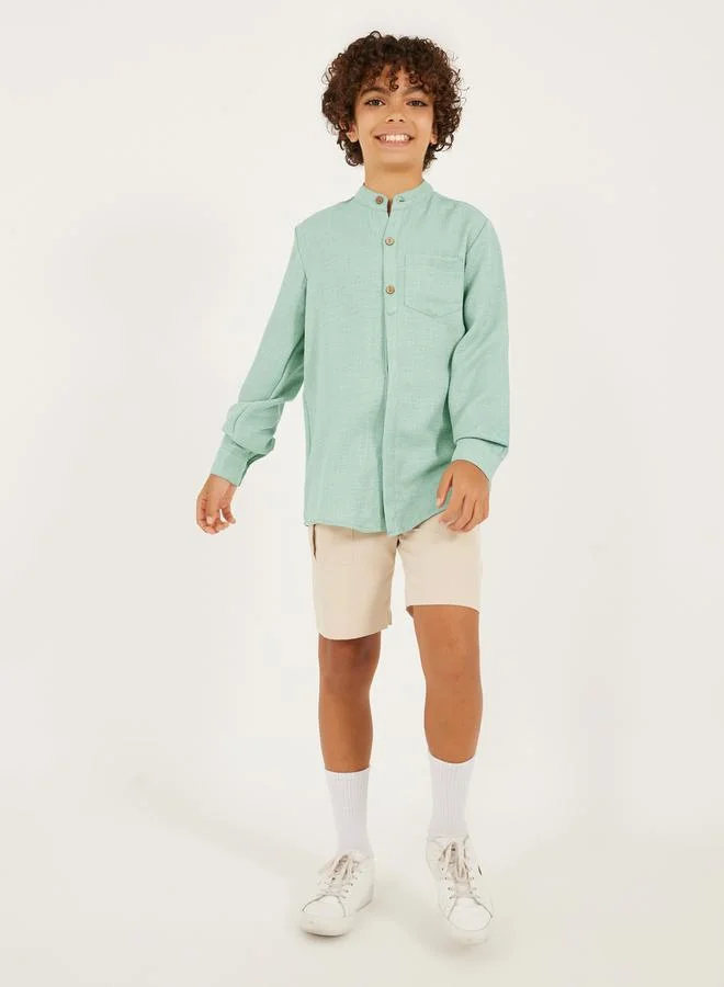 Styli Mandarin Collar Buttoned Long Sleeve Shirt