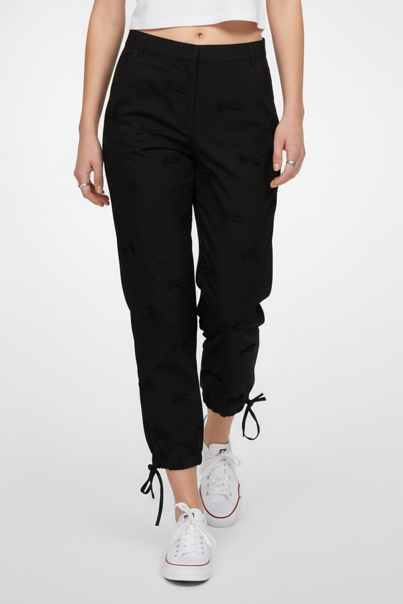 MSGM Women Regular Fit Ribbon Detail Culotte Pants, Black - Image 1