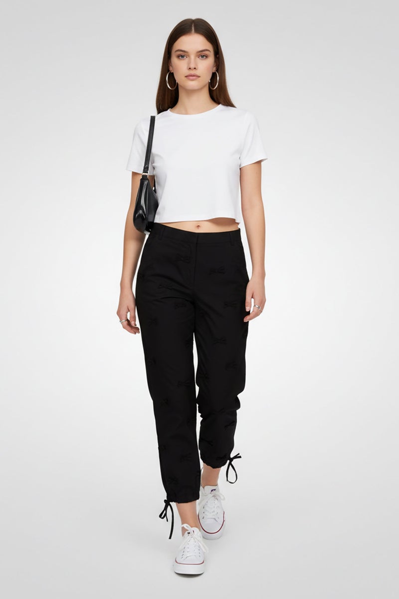 MSGM Women Regular Fit Ribbon Detail Culotte Pants, Black - Image 2