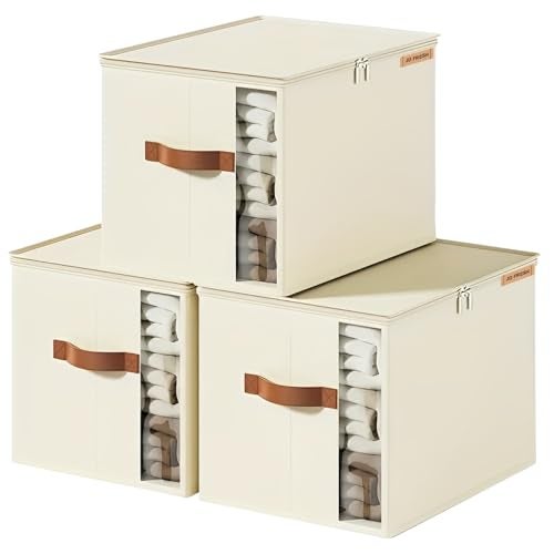 JD FRESH Fabric 3 Pcs 30 Liters Cloth Organizer for Storage/Foldable Cloth Storage Box with Handles/Almirah Organizer with Transparent Window/Wardrobe Organizers for Clothes/Sarees/BedSheets -Beige - Image 1