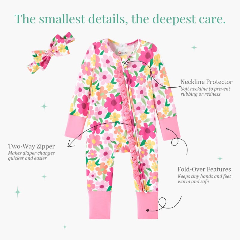 PATPAT Baby Girl Infant Clothes Footie Pajamasâ€“ Soft Viscose from Bamboo, Stretch Feel â€“ 2-Way Ruffled Zipper, Fold-Over Mittens & Cuffs Pink Flower Newborn - Image 5