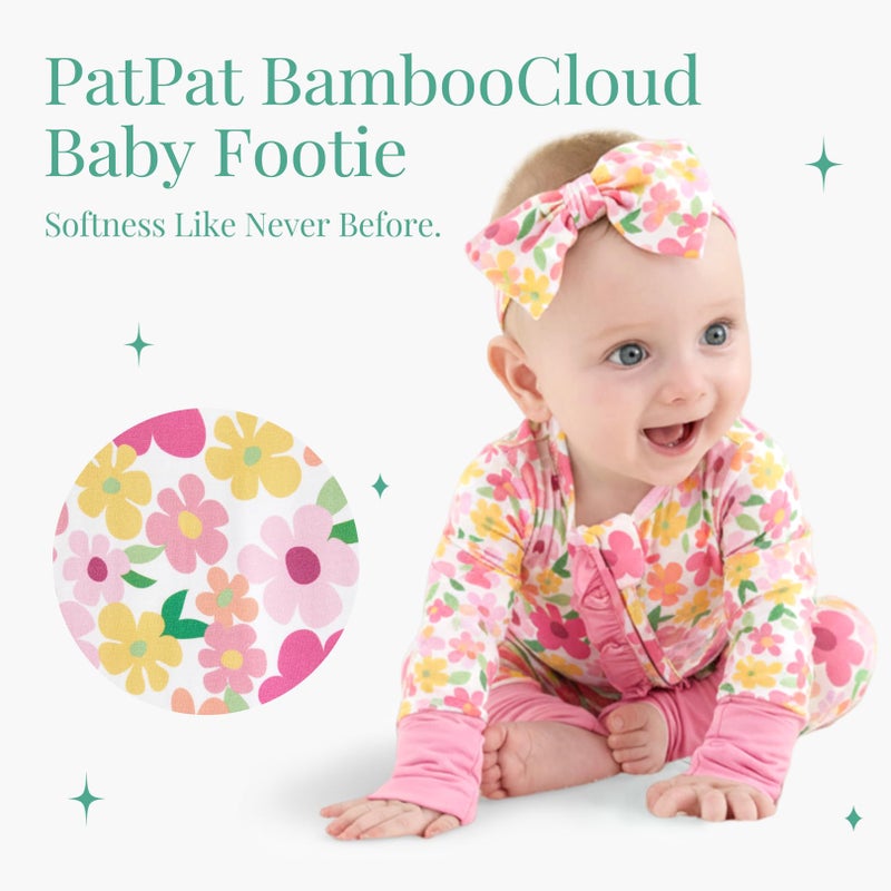 PATPAT Baby Girl Infant Clothes Footie Pajamasâ€“ Soft Viscose from Bamboo, Stretch Feel â€“ 2-Way Ruffled Zipper, Fold-Over Mittens & Cuffs Pink Flower Newborn - Image 2