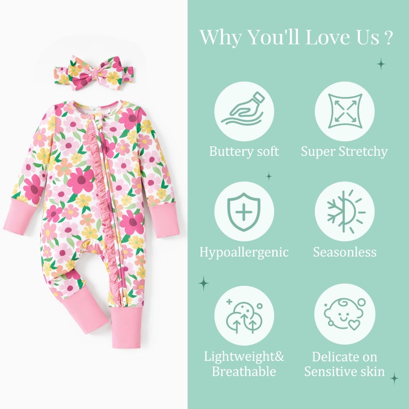 PATPAT Baby Girl Infant Clothes Footie Pajamasâ€“ Soft Viscose from Bamboo, Stretch Feel â€“ 2-Way Ruffled Zipper, Fold-Over Mittens & Cuffs Pink Flower Newborn - Image 3