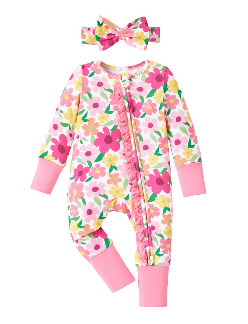 PATPAT Baby Girl Infant Clothes Footie Pajamasâ€“ Soft Viscose from Bamboo, Stretch Feel â€“ 2-Way Ruffled Zipper, Fold-Over Mittens & Cuffs Pink Flower Newborn - Image 1