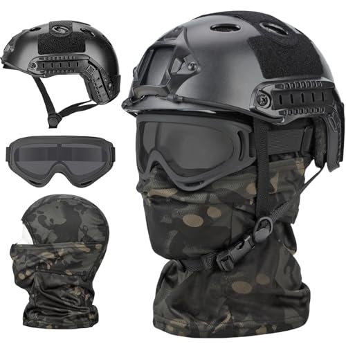 VPZENAR Airsoft Helmet, Black PJ Tactical Helmet with Ear Protection and Night Vision Mount,Airsoft Goggles and Airsoft Balaclava Mask,Airsoft Gear and Tactical Gear - Image 1