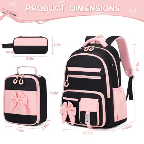 DIGOBAY Backpack for Girls 3PCS Girls Backpack for School with Lunch Bag Pencil Case Cute Kids Teens Bookbag for Kindergarten Elementary Preschool Middle School BlackPink - Image 3