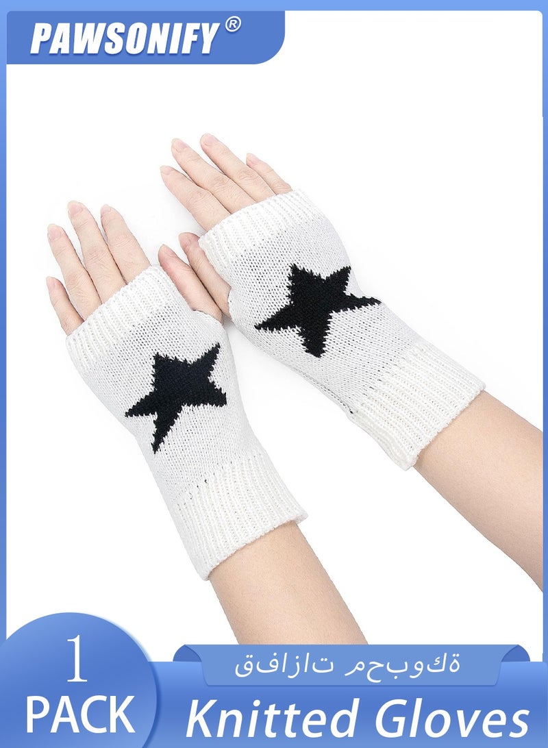 PAWSONIFY Fingerless Star Printed Knitted Gloves - Wrist Warmers Mittens Knitted Gloves for Women Men Typing - Image 1