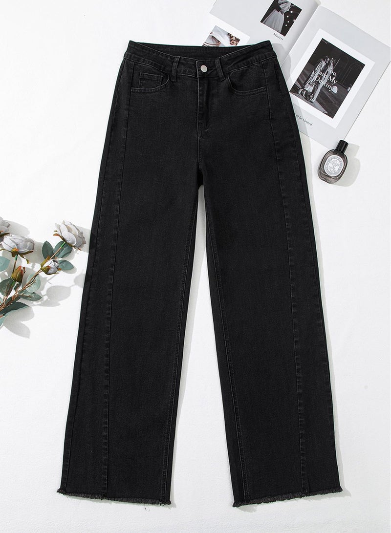 Sidefeel Women's High Waisted Baggy Jeans Strechy Raw Hem Straight Leg Denim Pants Size 2 Solid Black - Image 3